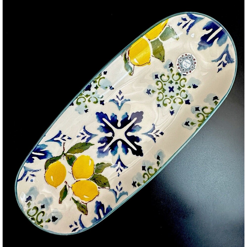 VTG Papart Turkey Lemon Olive Hand Painted Ceramic Long Oval Serving Platter 14"